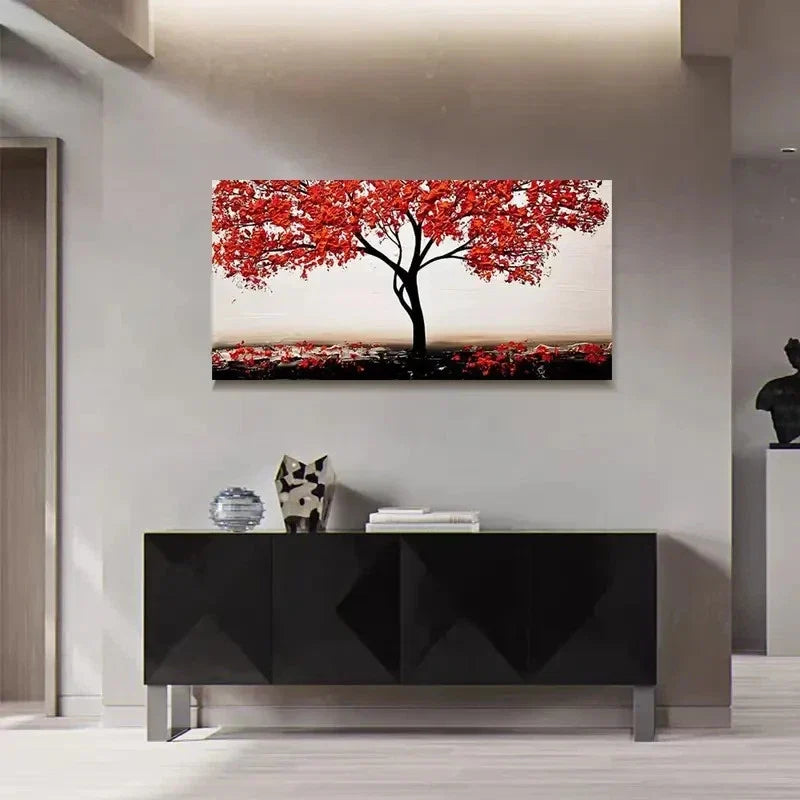 Geometric Landscape Red Tree Happiness Wall Art Canvas Office Home Room Framed 120x60cm