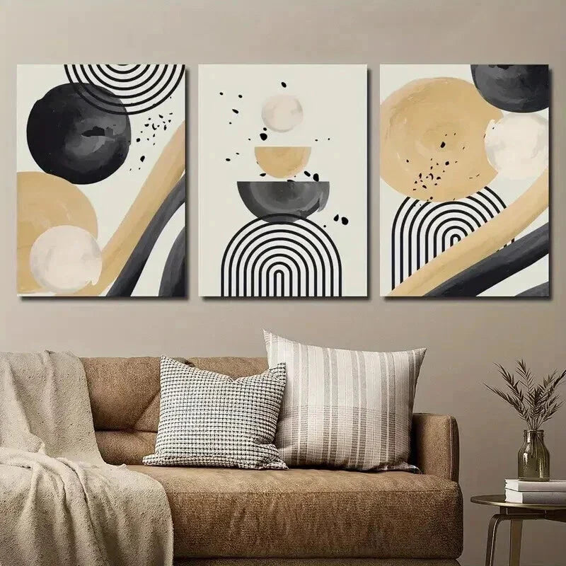 3pcs Black and Beige Modern Geometric Shapes Wall Art Set Canvas Framed 40x60cm - High Quality Print 100% Australian Made Wall Canvas Ready to Hang