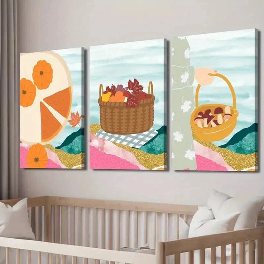 3pcs Autumn Leaves Fruit Basket Illustration Wall Art Set Canvas Framed 40x60cm - High Quality Print 100% Australian Made Wall Canvas Ready to Hang