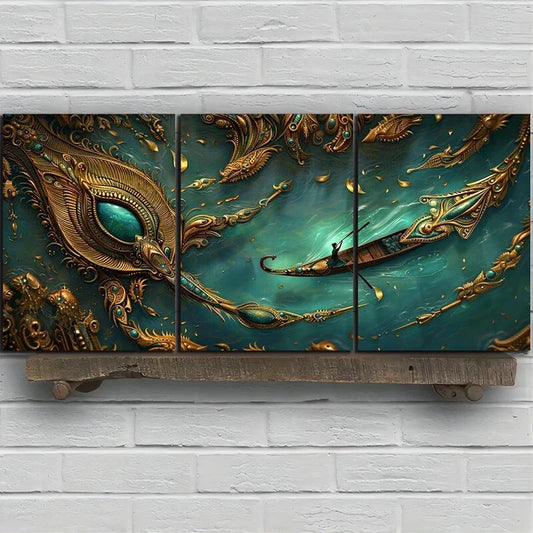 3pcs Feathers and Small boats Gold Metal Print Ready to Hang Art
