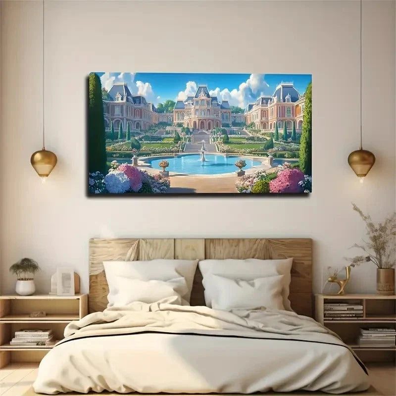 Villa Area Fountain Space Wall Art Canvas Office Home Room Framed 120x60cm