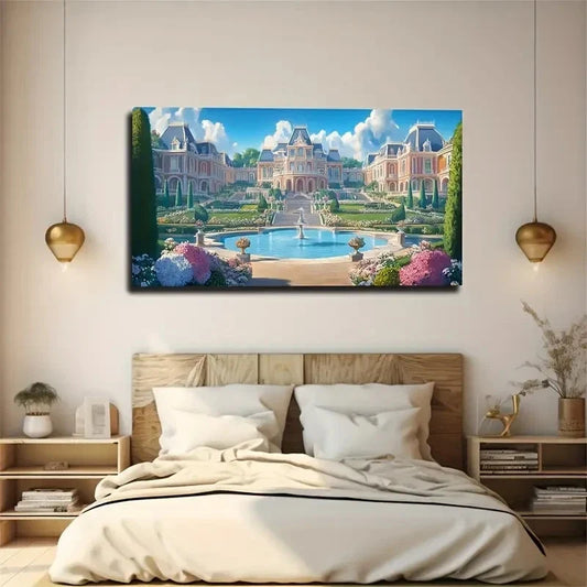 Villa Area Fountain Space Wall Art Canvas Office Home Room Framed 120x60cm