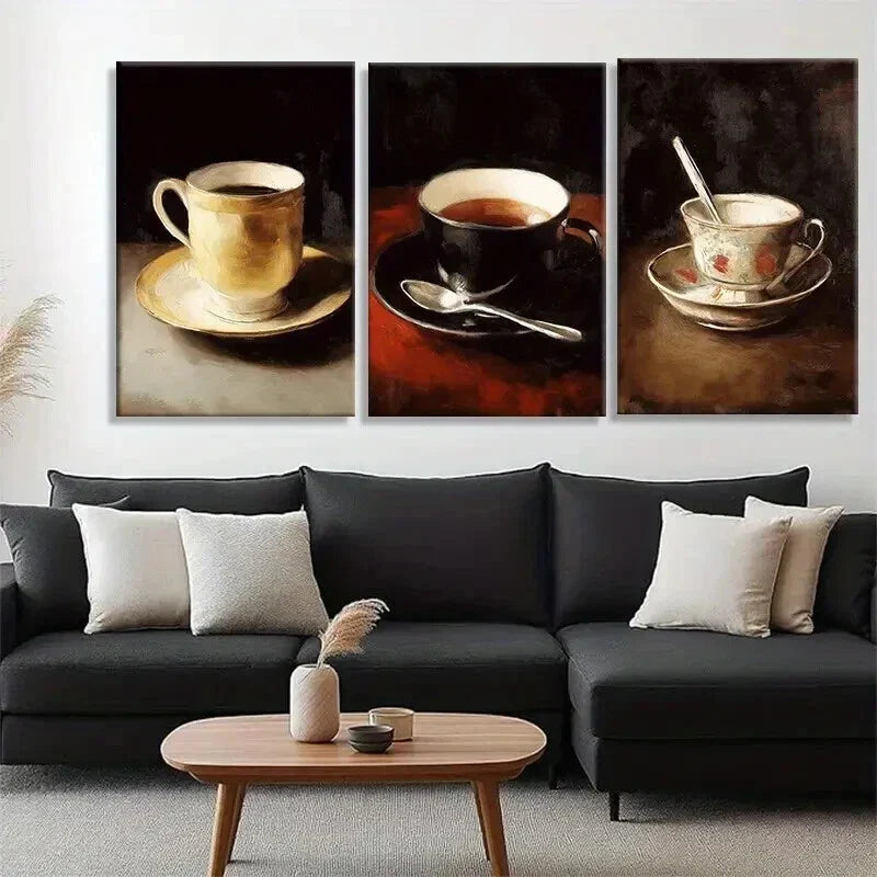 3pcs Elegant Sepia-Toned Coffee Cups Perfect Wall Art Set Canvas Framed 40x60cm - High Quality Print 100% Australian Made Wall Canvas Ready to Hang