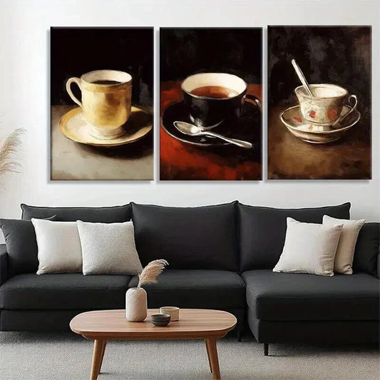 3pcs Elegant Sepia-Toned Coffee Cups Perfect Wall Art Set Canvas Framed 40x60cm - High Quality Print 100% Australian Made Wall Canvas Ready to Hang