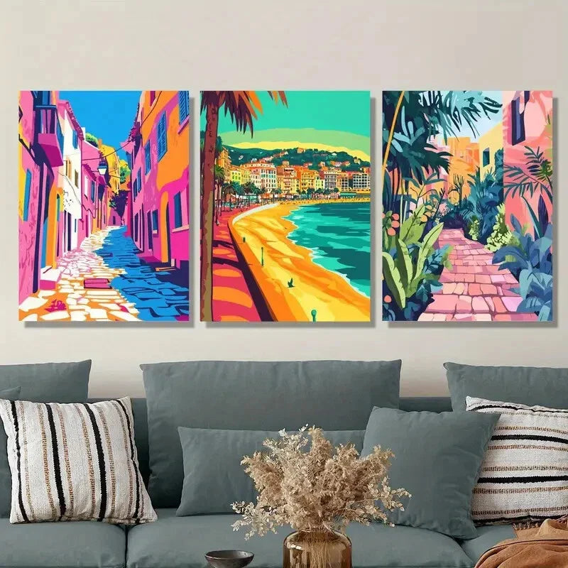 3pcs Ocean, beach, city landscape, Metal Print Ready to Hang Art