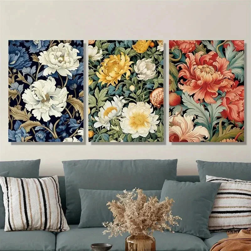 3pcs blooming flowers, roses, chrysanthemums, Metal Print Ready to Hang Art