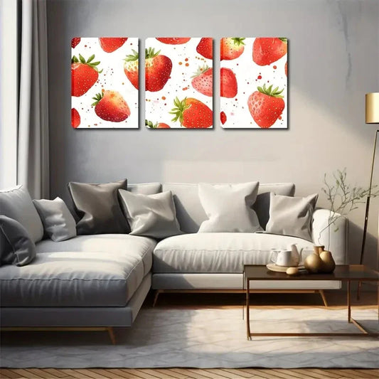 3pcs Vibrant Red Strawberries with Green Leaves Wall Art Set Canvas Framed 40x60cm - High Quality Print 100% Australian Made Wall Canvas Ready to Hang