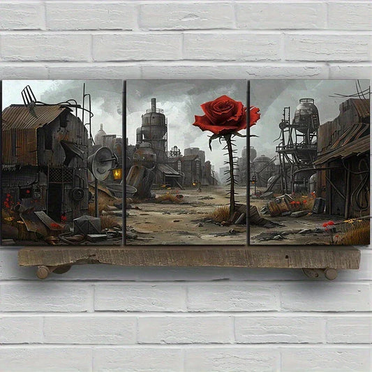 3pcs Ruins with Vibrant Red Rose Metal Print Ready to Hang Art