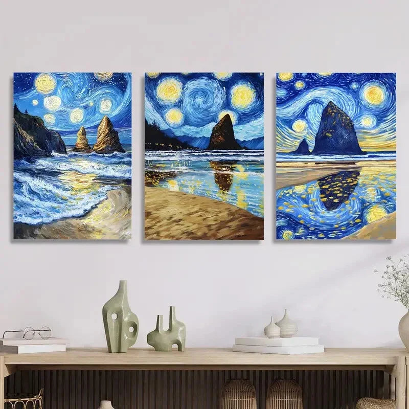 3pcs starry sky landscape Van Gogh style painting  Metal Print Ready to Hang Art