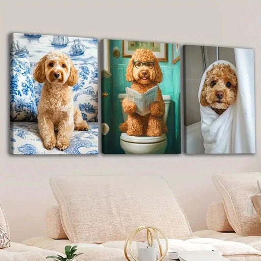 3pcs Cute Dogs Toilet Brawny Blue & White Green Wall Art Set Canvas Framed 40x60cm - High Quality Print 100% Australian Made Wall Canvas Ready to Hang