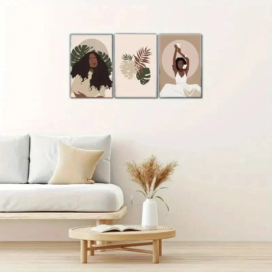 3pcs Black Woman Print African American Botanical Metal Print Ready to Hang Art