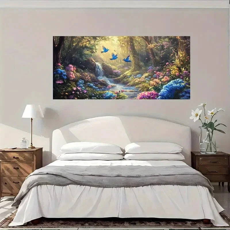 Enchanted Forest Waterfall Bird Wall Art Canvas Office Home Room Framed 80x45cm