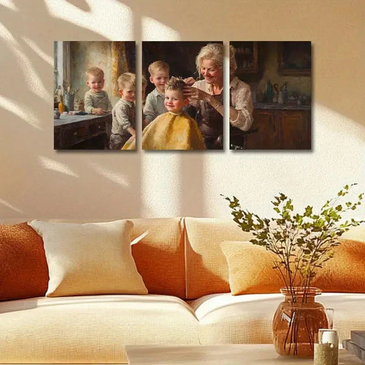 3pcs Warm Family Haircut Scene with Golden Hair Metal Print Ready to Hang Art