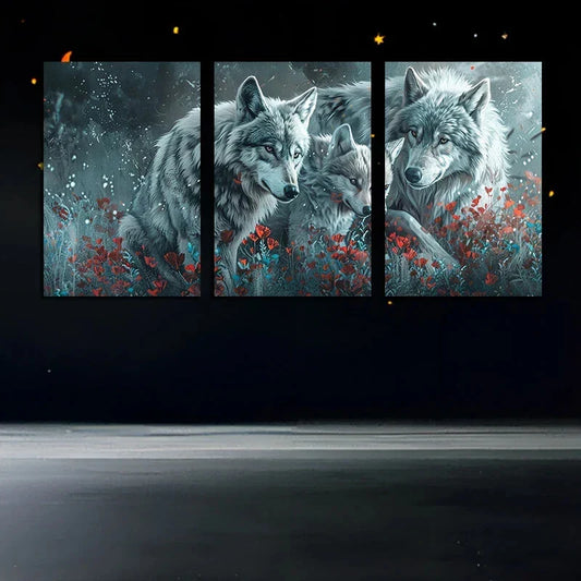 3pcs Vibrant Red Flowers and Snowy Mother Wolf Metal Print Ready to Hang Art