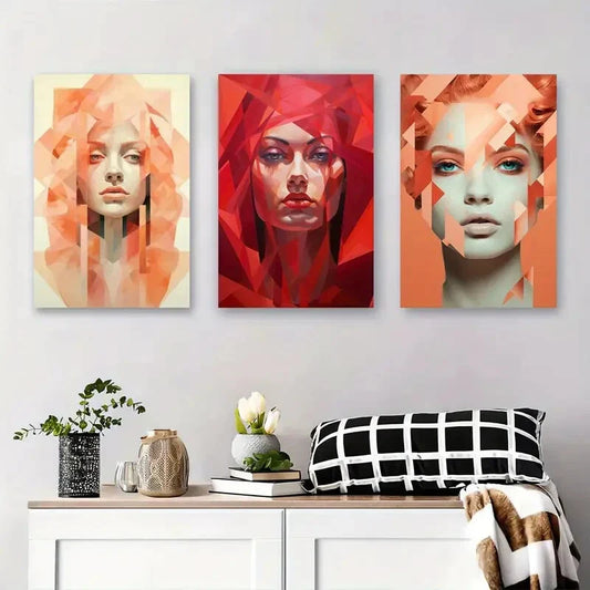 3pcs Abstract Geometric Female Portrait Metal Print Ready to Hang Art'