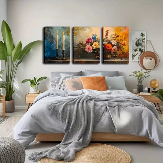 3pcs Picture, Two Slender Candles And Flowers   Wall Art Set Canvas Framed 40x60cm - High Quality Print 100% Australian Made Wall Canvas Ready to Hang