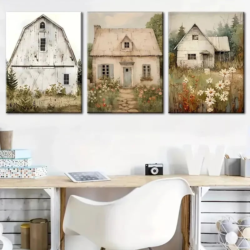 3pcs Vintage Farmhouse And Rural Architecture  Wall Art Set Canvas Framed 40x60cm - High Quality Print 100% Australian Made Wall Canvas Ready to Hang