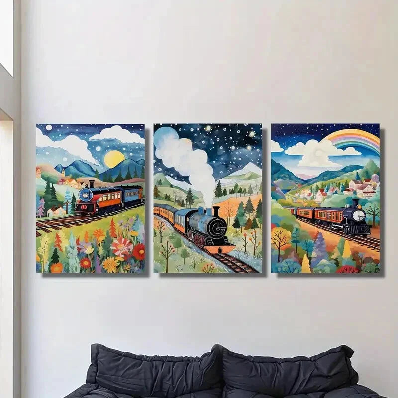 3pcs Train Poster, Beautiful Creative Art Metal Print Ready to Hang Art