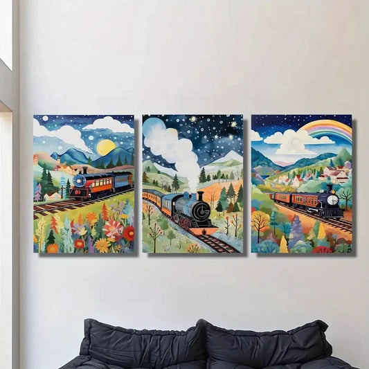 3pcs Train Poster, Beautiful Creative Art Metal Print Ready to Hang Art
