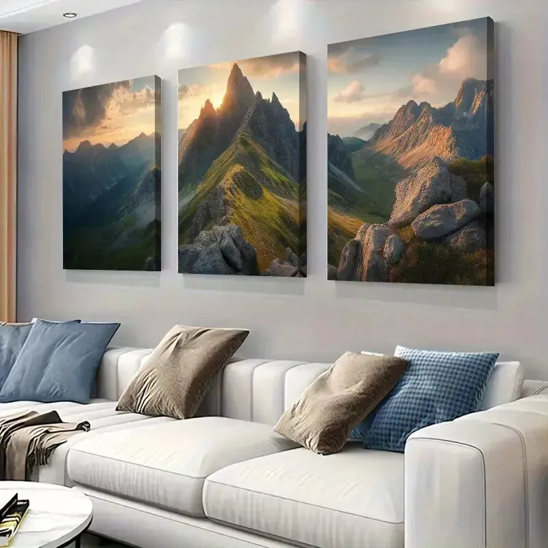 3pcs Tranquil Mountain Scene with Morning Light Wall Art Set Canvas Framed 40x60cm - High Quality Print 100% Australian Made Wall Canvas Ready to Hang