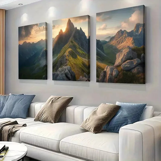 3pcs Tranquil Mountain Scene with Morning Light Wall Art Set Canvas Framed 40x60cm - High Quality Print 100% Australian Made Wall Canvas Ready to Hang