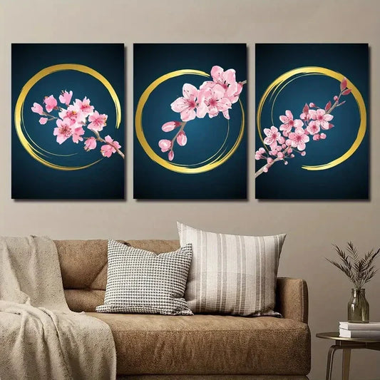 3pcs Sakura Botanical Golden and Pink Cherry Metal Print Ready to Hang Art