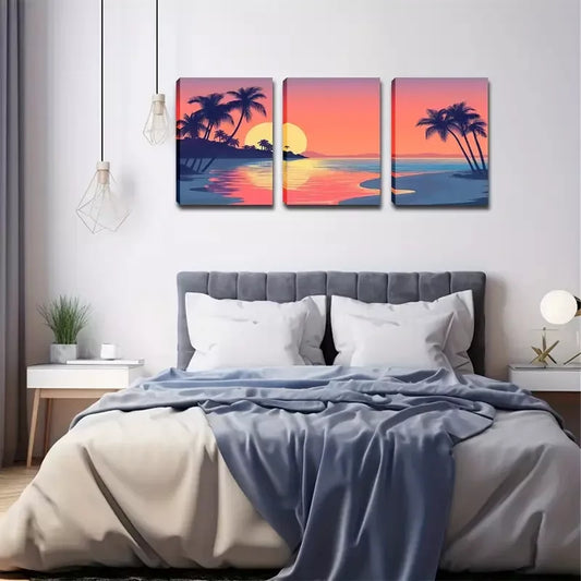 3pcs Romantic Palm Trees & Ocean View  Wall Art Set Canvas Framed 40x60cm - High Quality Print 100% Australian Made Wall Canvas Ready to Hang
