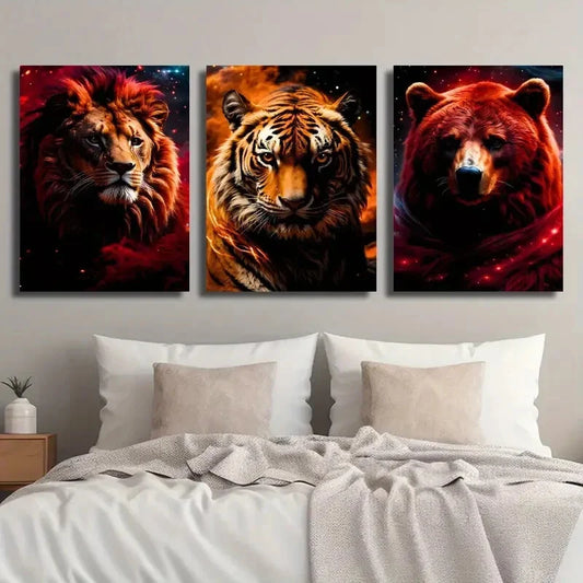 3pcs Lion Tiger and Bear Spirit Animal Metal Print Ready to Hang Art
