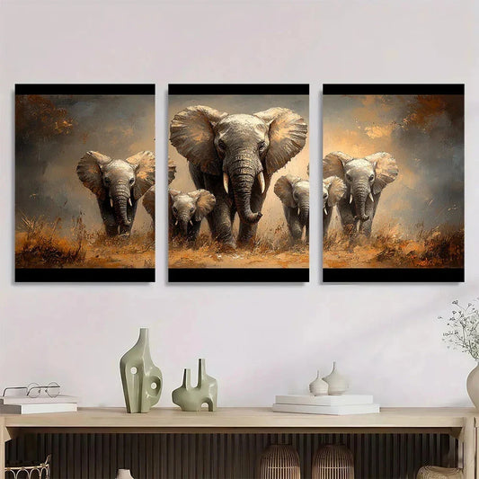 3pcs Elephant Family Wildlife Animal Themed Metal Print Ready to Hang Art