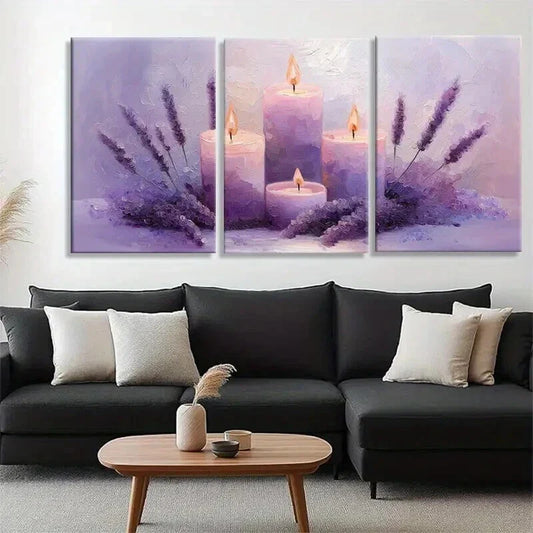 3pcs Purple Hues Candle Atmosphere Perfect Wall Art Set Canvas Framed 40x60cm - High Quality Print 100% Australian Made Wall Canvas Ready to Hang