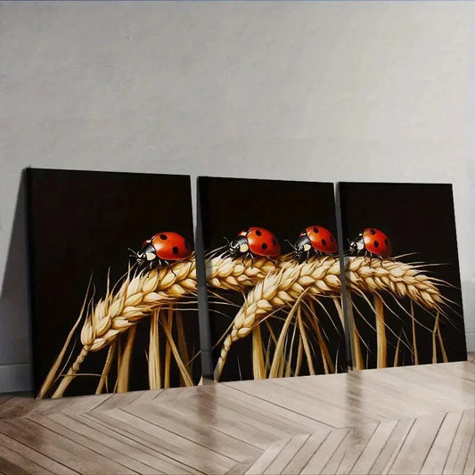 3pcs The Ladybug Is Standing on The Wheat Wall Art Set Canvas Framed 40x60cm - High Quality Print 100% Australian Made Wall Canvas Ready to Hang