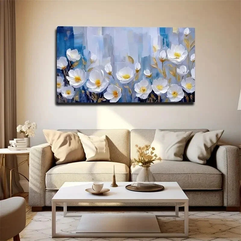 Many White Flowers And Yellow Wall Art Canvas Office Home Room Framed 120x60cm