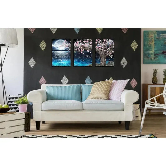 3pcs Moonlit Ocean & Cherry Blossom Metal Print Ready to Hang Art