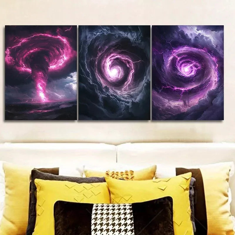 3pcs Tornado With Purple Color Lighting  Wall Art Set Canvas Framed 40x60cm - High Quality Print 100% Australian Made Wall Canvas Ready to Hang