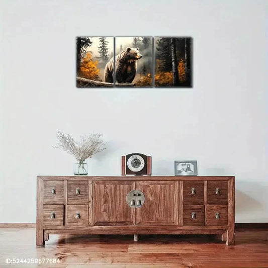 3pcs Pine Forest Bear in Autumn Woods Animal Metal Print Ready to Hang Art