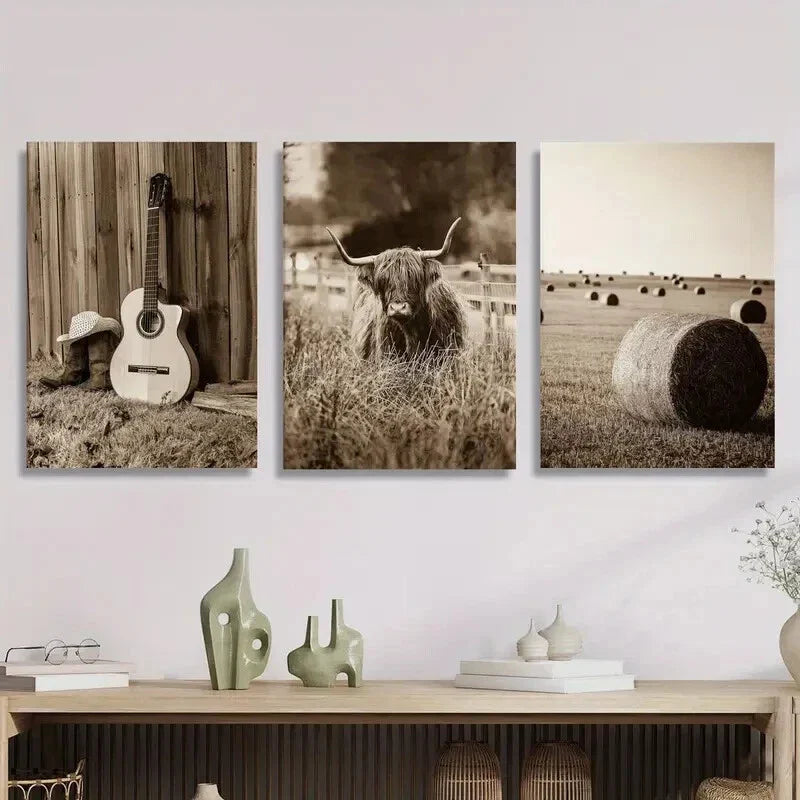 3pcs  Vintage Highland Cow & Guitar Wall Art Set Canvas Framed 40x60cm - High Quality Print 100% Australian Made Wall Canvas Ready to Hang