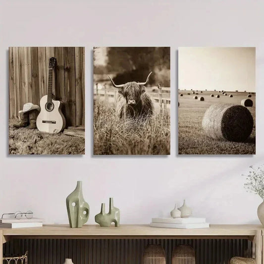 3pcs  Vintage Highland Cow & Guitar Wall Art Set Canvas Framed 40x60cm - High Quality Print 100% Australian Made Wall Canvas Ready to Hang