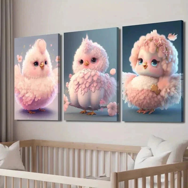 3pcs Adorable Pink Chick with Floral Accents Wall Art Set Canvas Framed 40x60cm - High Quality Print 100% Australian Made Wall Canvas Ready to Hang