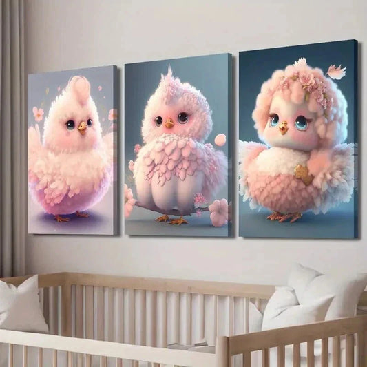 3pcs Adorable Pink Chick with Floral Accents Wall Art Set Canvas Framed 40x60cm - High Quality Print 100% Australian Made Wall Canvas Ready to Hang