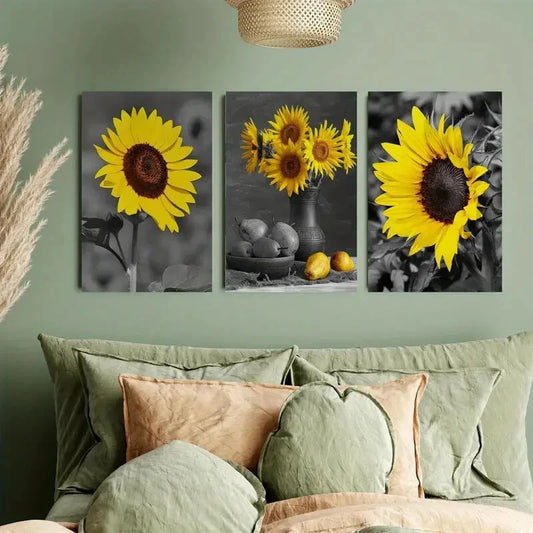 3pcs Yellow Sunflower in Black & White Design Metal Print Ready to Hang Art