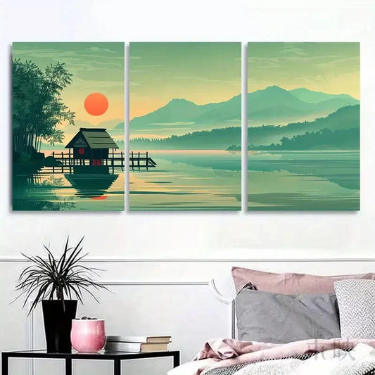 3pcs Scenic Sunset Tranquil Fishing Village Lake Metal Print Ready to Hang Art