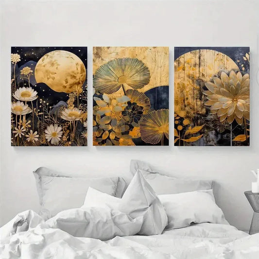 3pcs Modern Gold Moon and Flowers Metal Print Ready to Hang Art