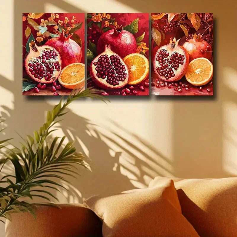 3pcs Delicious Pomegranate and Orange Metal Print Ready to Hang Art
