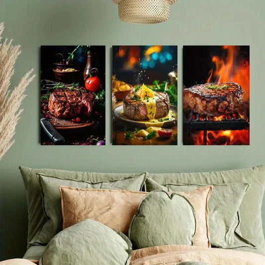 3pcs Juicy and Tender Pan-fried Steaks Metal Print Ready to Hang Art