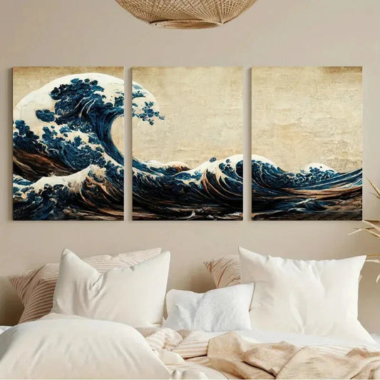 3pcs Tsunami Wave Painting Metal Print Ready to Hang Art