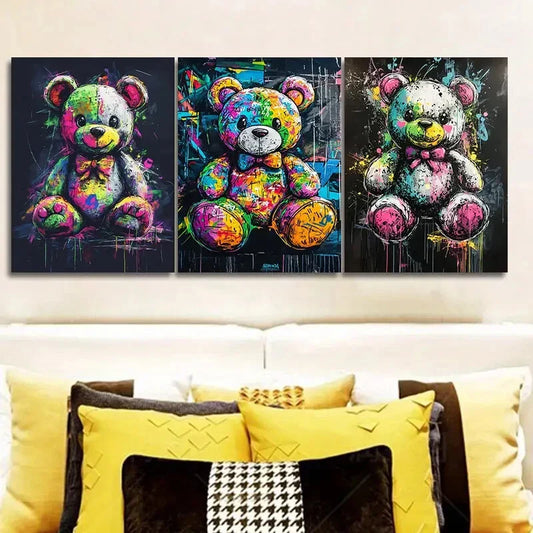 3pcs Colorful teddy bear graffiti  Wall Art Set Canvas Framed 40x60cm - High Quality Print 100% Australian Made Wall Canvas Ready to Hang