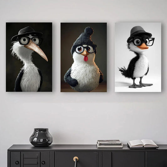 3pcs Black And White Animal with Glasses Metal Print Ready to Hang Art