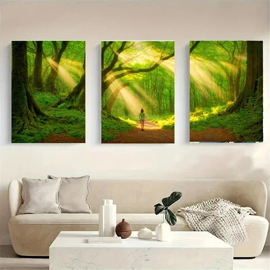 3pcs A Person Walking on a Path Forest Metal Print Ready to Hang Art