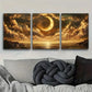 3pcs Golden Moon & Stars Reflecting on Stormy Sea Metal Print Ready to Hang Art