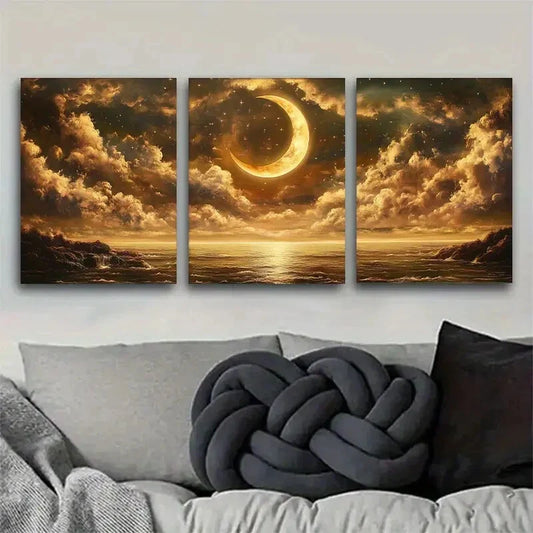 3pcs Golden Moon & Stars Reflecting on Stormy Sea Metal Print Ready to Hang Art